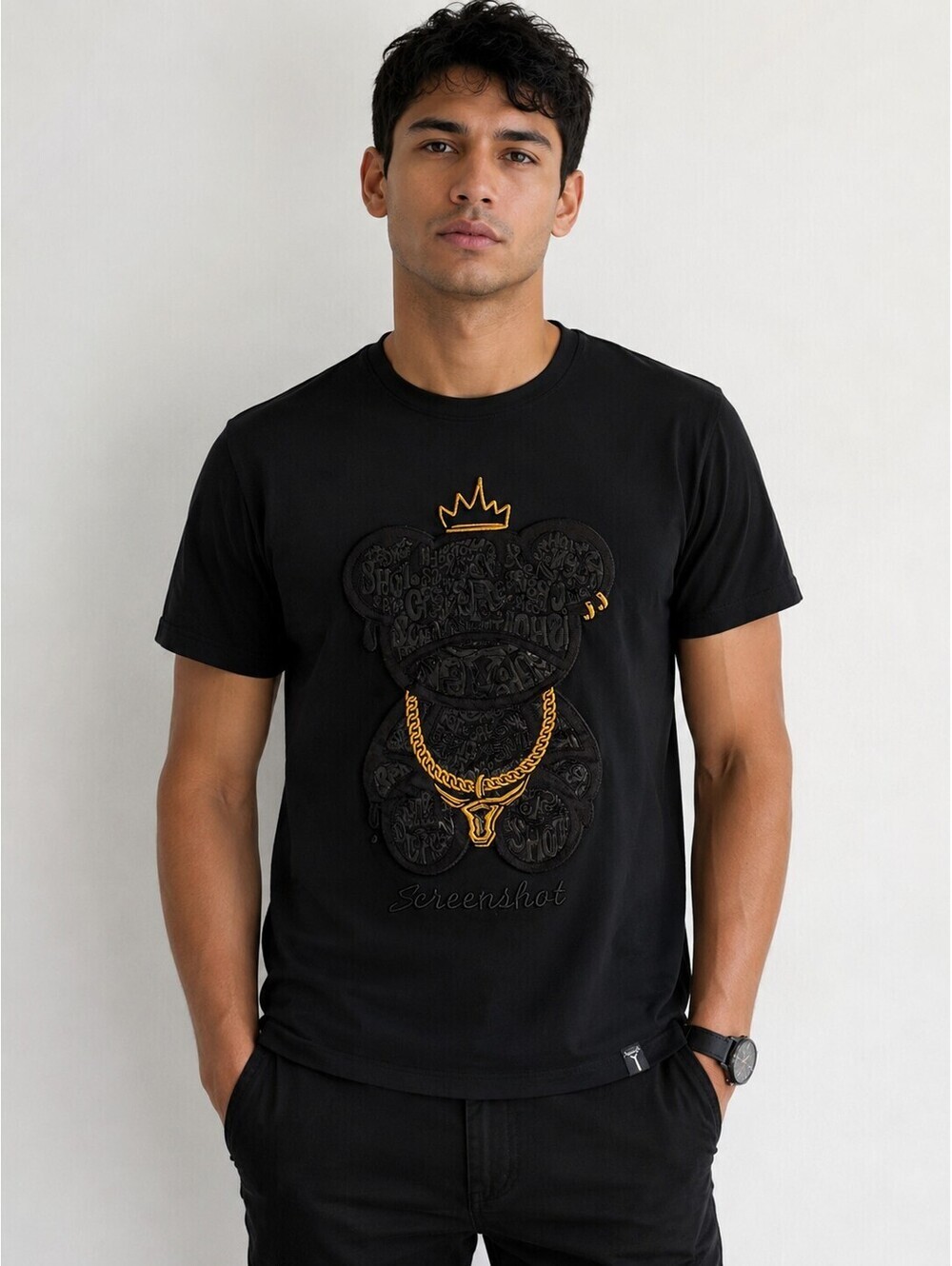 Screenshot Black Graphic Bear T-Shirt Gold Chain Crown Tee Size M Streetwear - Picture 6 of 6